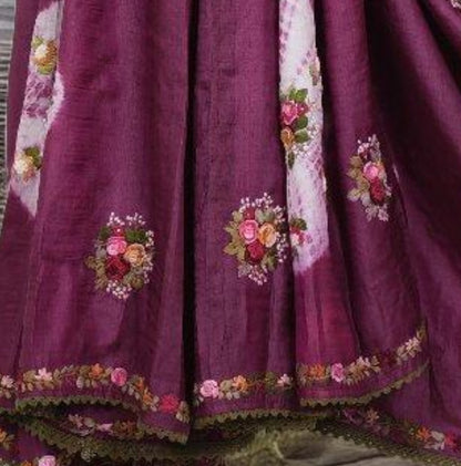 Pure Tussar Silk Saree with Shibori and Bulliyan Stitch | Attached work  Blouse | Silk Mark Certified