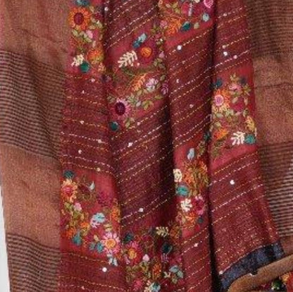 Pure Tussar Silk Saree with Hand Parsi Work and Block Print | Attached work Blouse | Silk Mark Certified