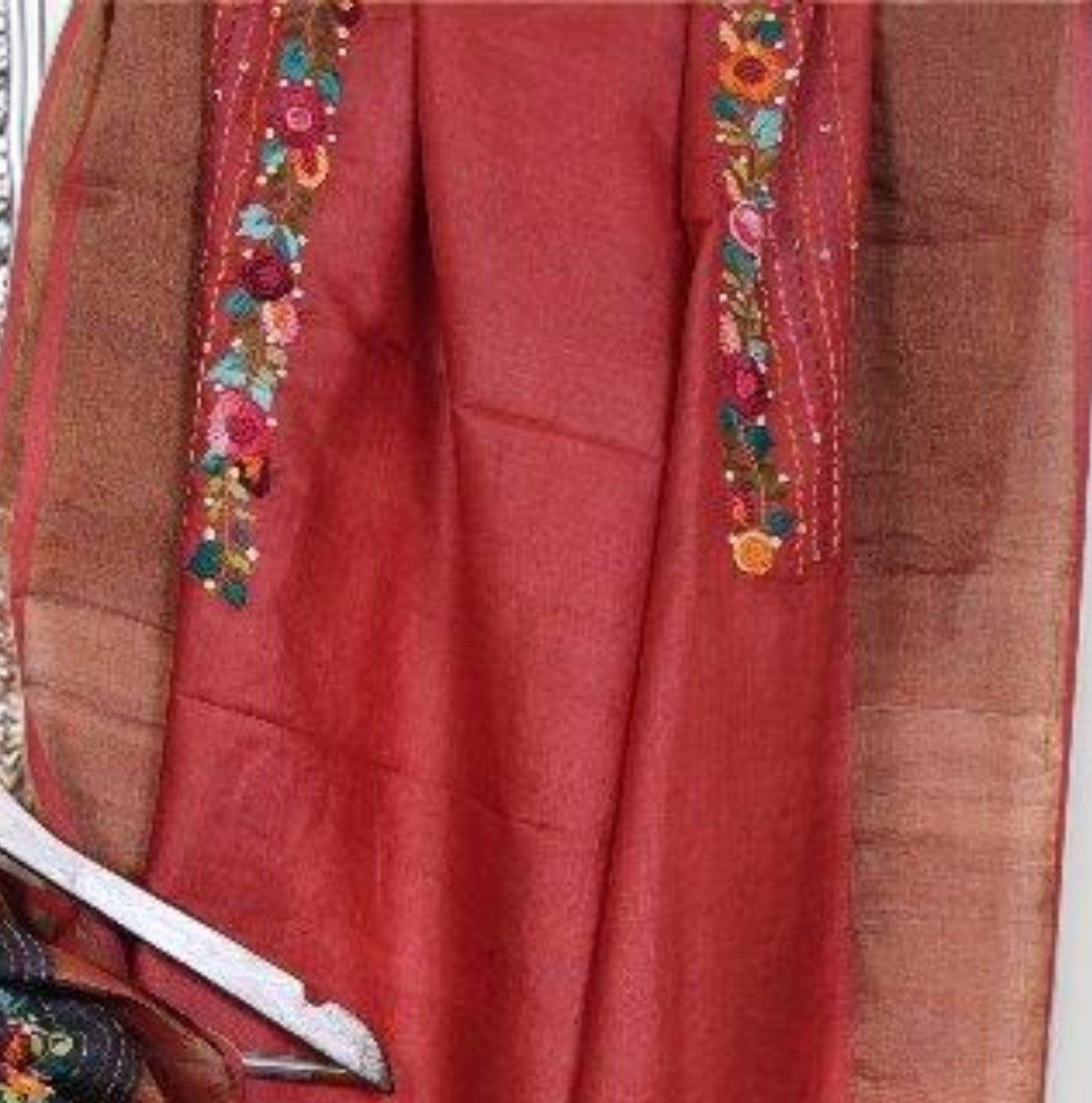Pure Tussar Silk Saree with Hand Parsi Work and Block Print | Attached work Blouse | Silk Mark Certified
