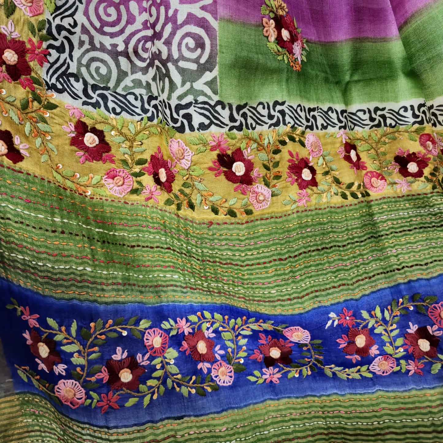 Pure Tussar Silk Saree with Hand Parsi Work and Block Print | Attached full work Blouse | Silk Mark Certified