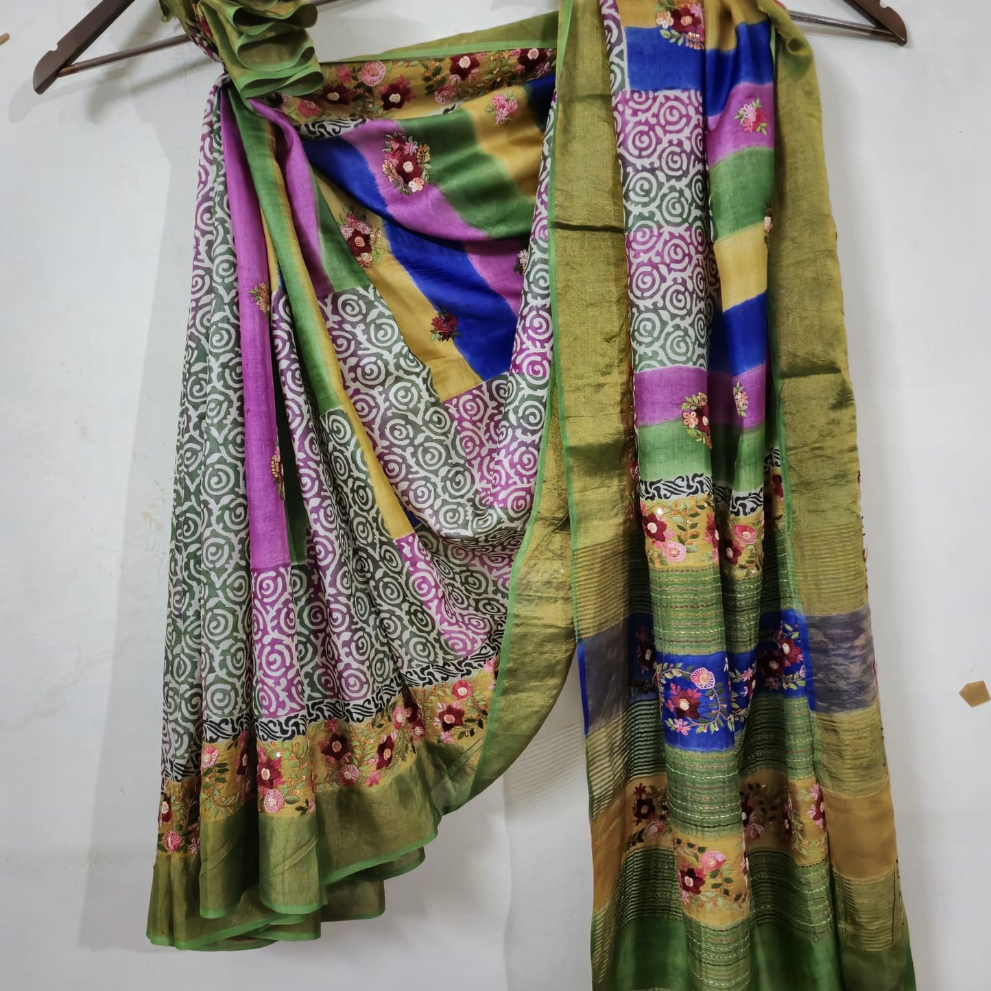 Pure Tussar Silk Saree with Hand Parsi Work and Block Print | Attached full work Blouse | Silk Mark Certified