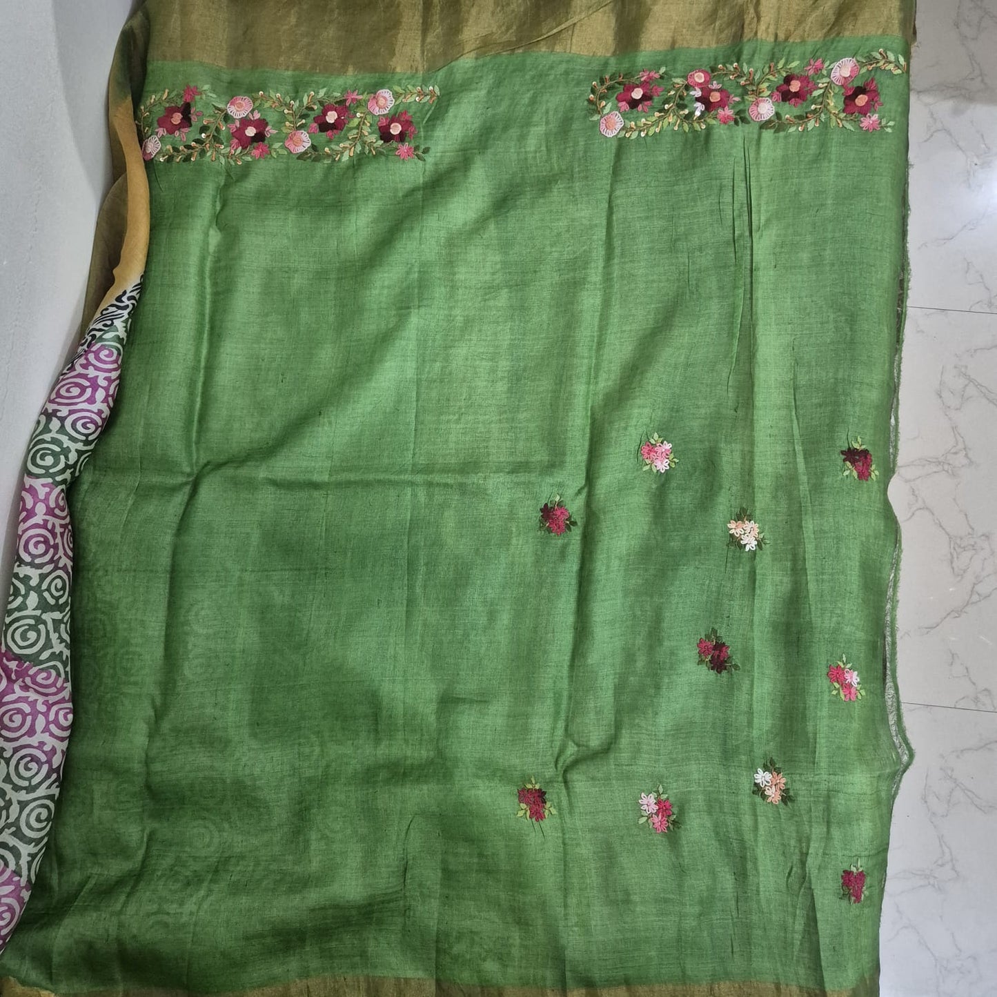 Pure Tussar Silk Saree with Hand Parsi Work and Block Print | Attached full work Blouse | Silk Mark Certified