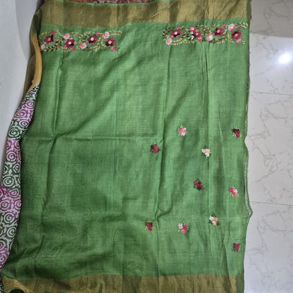 Pure Tussar Silk Saree with Hand Parsi Work and Block Print | Attached full work Blouse | Silk Mark Certified