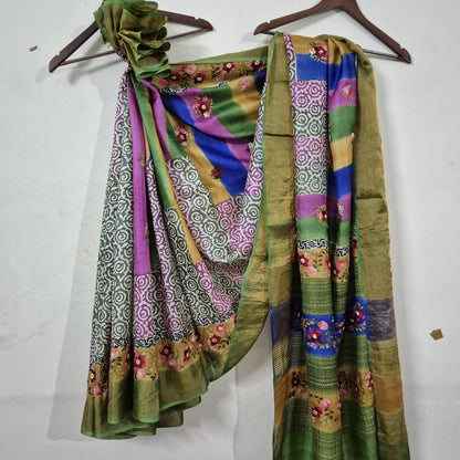 Pure Tussar Silk Saree with Hand Parsi Work and Block Print | Attached full work Blouse | Silk Mark Certified