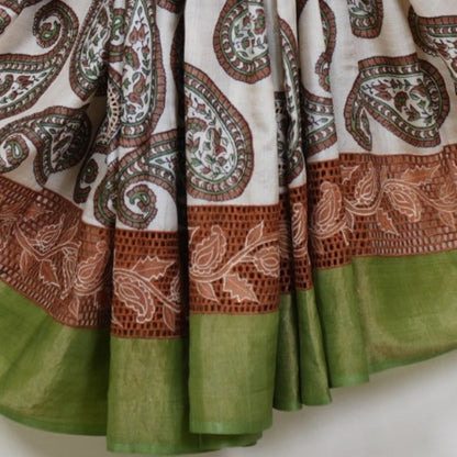 Pure Tussar Silk Saree with Cut Work | Attached matching cutwork Blouse | Silk Mark Certified