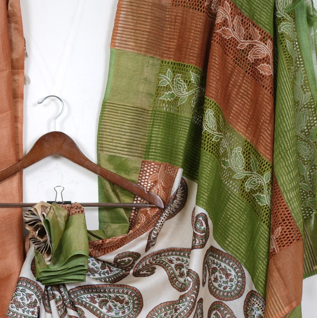 Pure Tussar Silk Saree with Cut Work | Attached matching cutwork Blouse | Silk Mark Certified