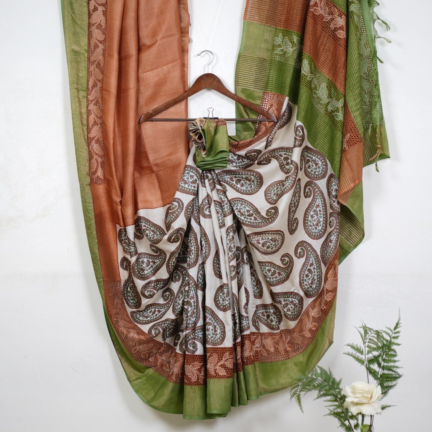 Pure Tussar Silk Saree with Cut Work | Attached matching cutwork Blouse | Silk Mark Certified