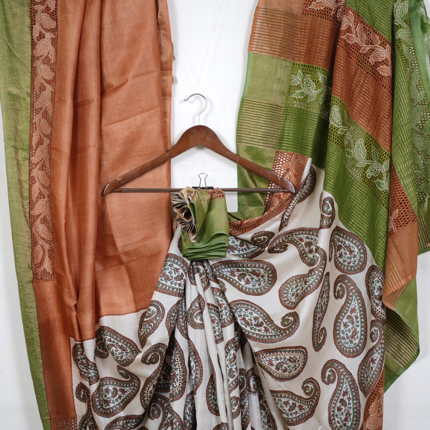 Pure Tussar Silk Saree with Cut Work | Attached matching cutwork Blouse | Silk Mark Certified