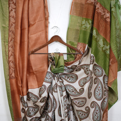 Pure Tussar Silk Saree with Cut Work | Attached matching cutwork Blouse | Silk Mark Certified