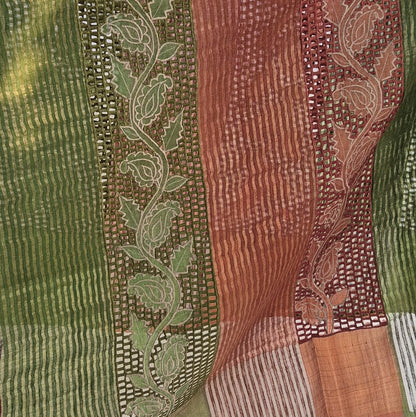 Pure Tussar Silk Saree with Cut Work | Attached matching cutwork Blouse | Silk Mark Certified