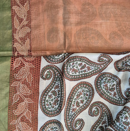 Pure Tussar Silk Saree with Cut Work | Attached matching cutwork Blouse | Silk Mark Certified