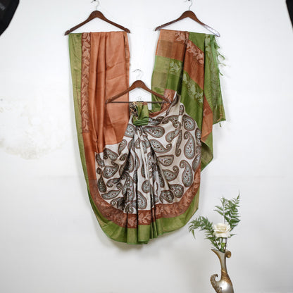 Pure Tussar Silk Saree with Cut Work | Attached matching cutwork Blouse | Silk Mark Certified