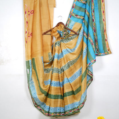 Pure Tussar Silk Saree with Hand Full Kari Work | Attached work Blouse | Silk Mark Certified