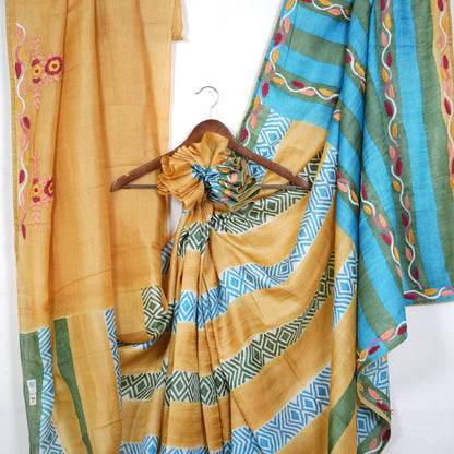 Pure Tussar Silk Saree with Hand Full Kari Work | Attached work Blouse | Silk Mark Certified