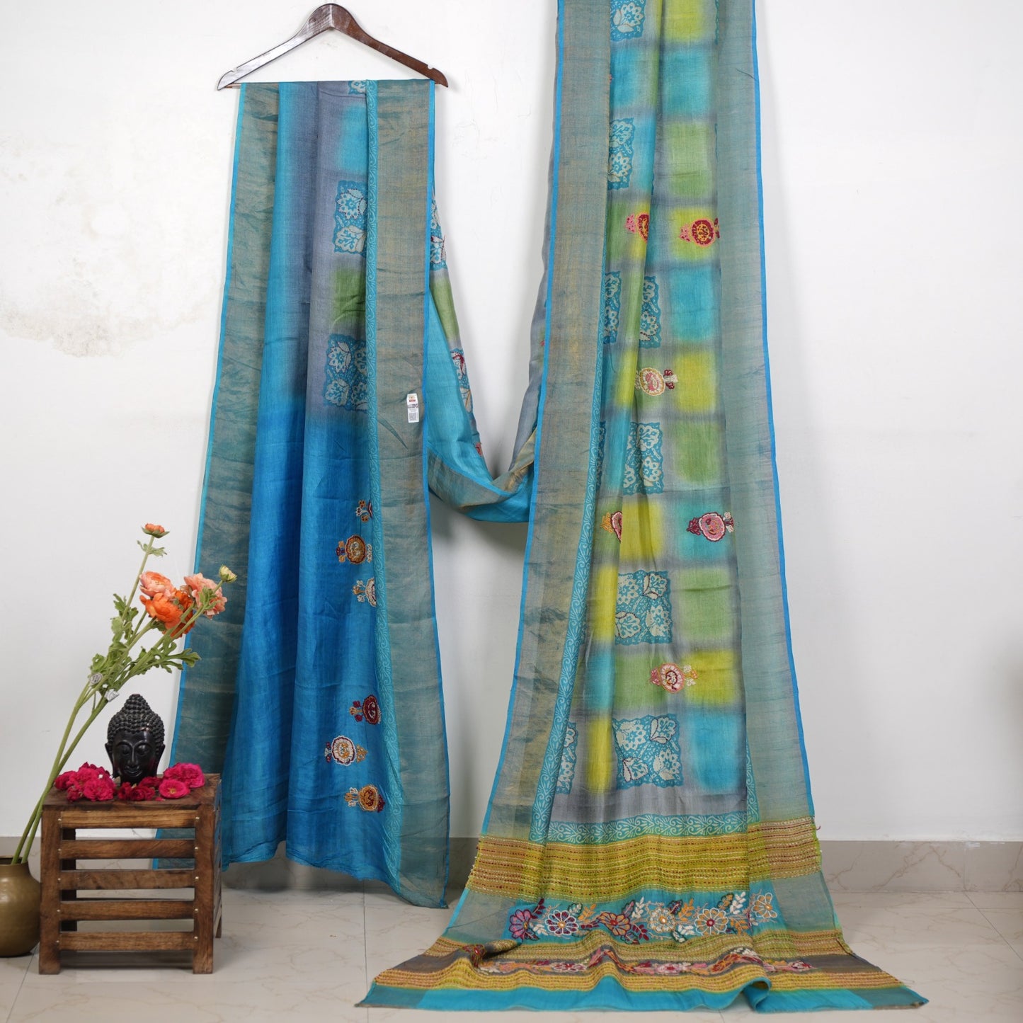 Pure Tussar Silk Saree with Hand Kantha Stitch | Attached work Blouse | Silk Mark Certified