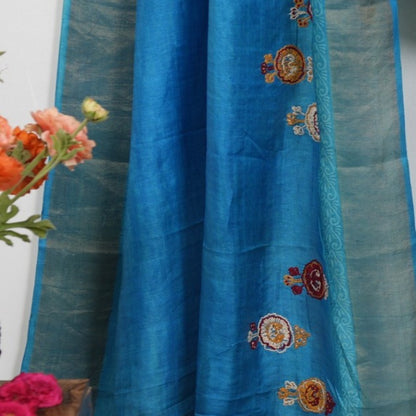 Pure Tussar Silk Saree with Hand Kantha Stitch | Attached work Blouse | Silk Mark Certified