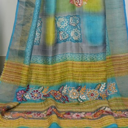 Pure Tussar Silk Saree with Hand Kantha Stitch | Attached work Blouse | Silk Mark Certified