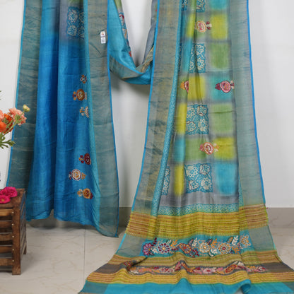 Pure Tussar Silk Saree with Hand Kantha Stitch | Attached work Blouse | Silk Mark Certified