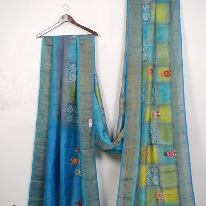Pure Tussar Silk Saree with Hand Kantha Stitch | Attached work Blouse | Silk Mark Certified