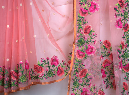 Muslin Digital Embroidery Saree with Attached Blouse