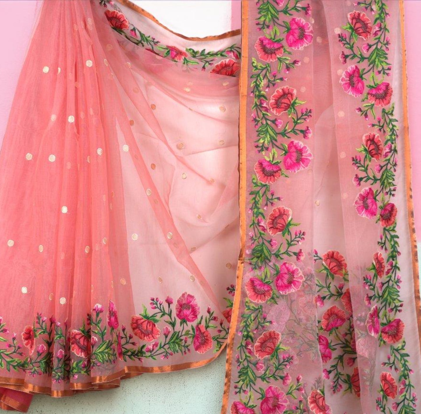 Muslin Digital Embroidery Saree with Attached Blouse