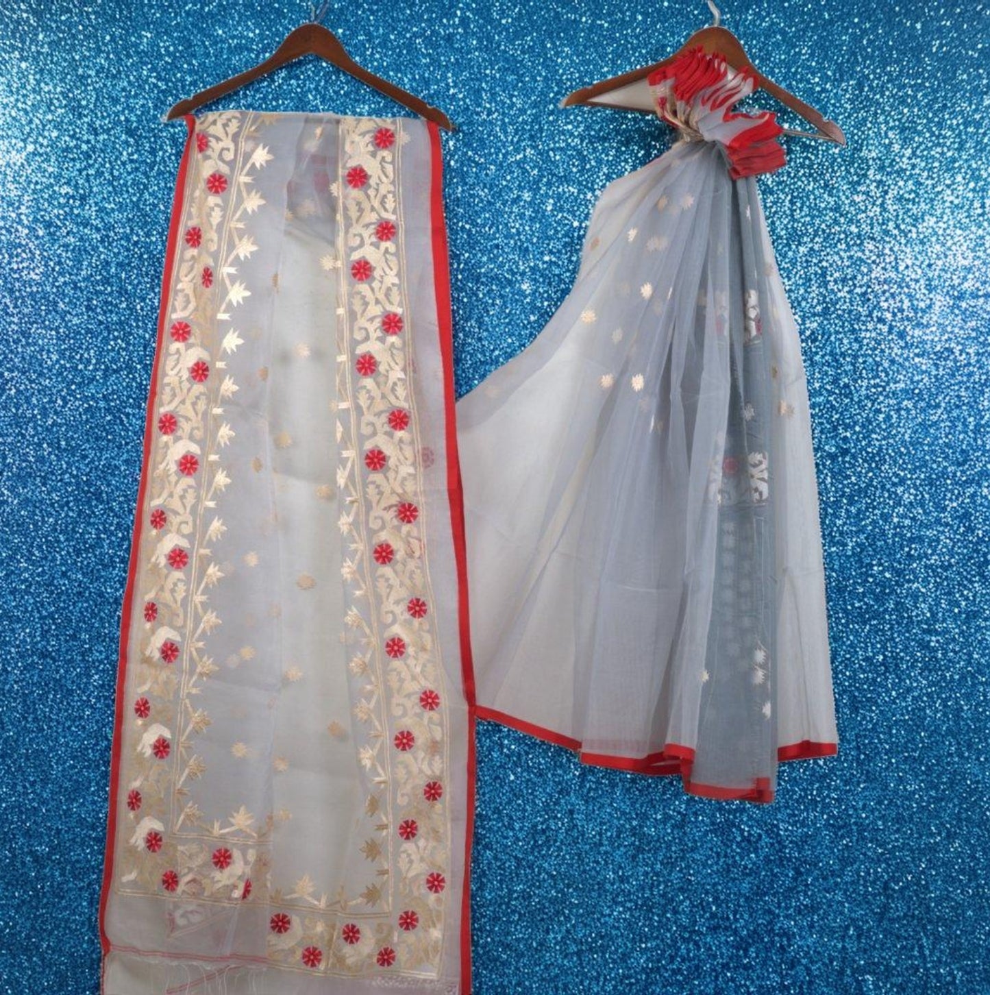 Muslin Embroidery Saree with Attached embroidery Blouse