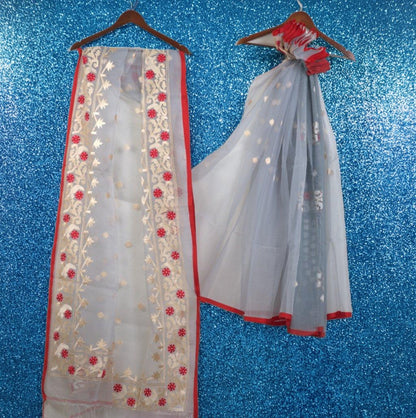Muslin Embroidery Saree with Attached embroidery Blouse